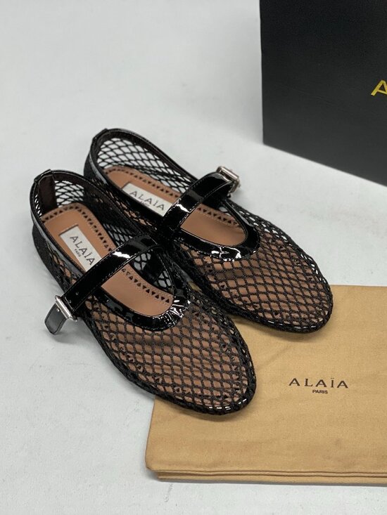 Alaia Shoes - Alaïa Black Patent Leather Mesh Mary Jane Flats